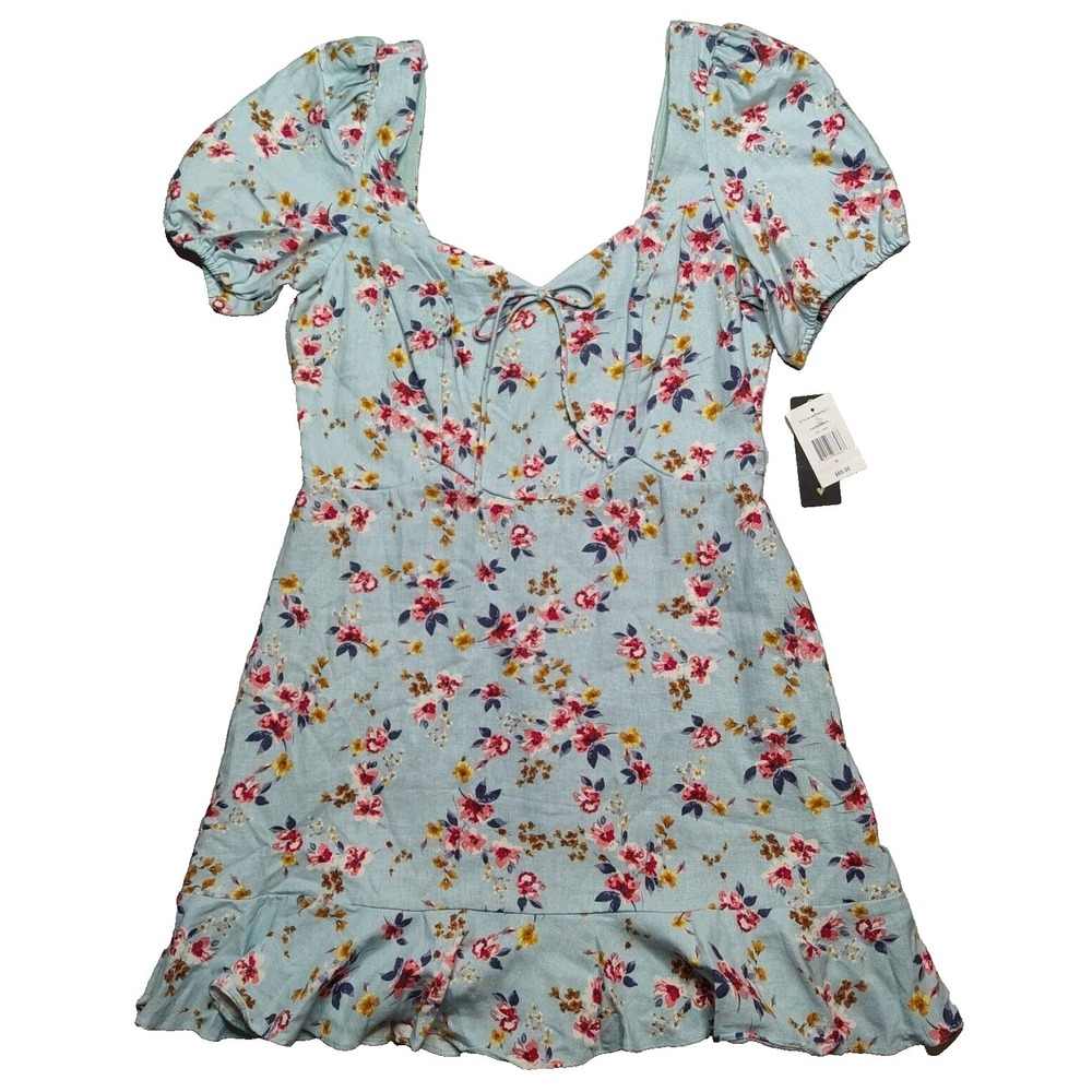 City Triangles Juniors XL Linen Blend Aqua Coral Floral Fit + Flare Dress NEW